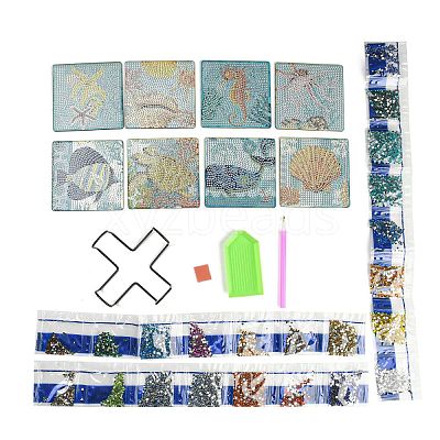 DIY Marine Animal Theme Diamond Painting Square Wood Cup Mat Kits DIY-H163-05-1