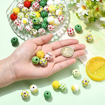 100Pcs 10 Styles Fruit Printed Wood European Beads WOOD-YW0001-86-1