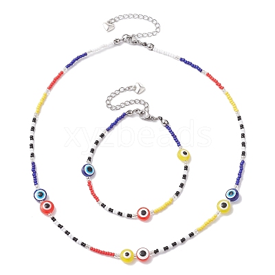 Resin Evil Eye & Glass Seed Beaded Jewelry Set SJEW-MZ00002-1