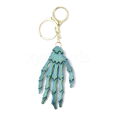Halloween Plastic Skeleton Hand Pendant Keychain HJEW-H063-01G-02-1
