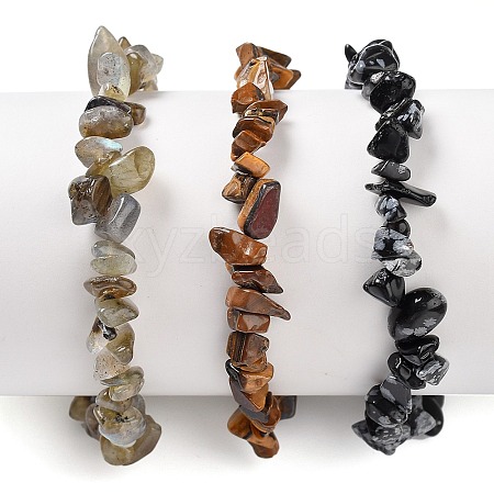 Chips Natural Labradorite & Snowflake Obsidian & Tiger Eye Beaded Stretch Bracelets Sets X-BJEW-JB05332-05-1