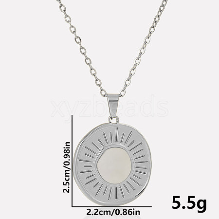 Stylish 304 Stainless Steel Pave Natural White Shell Flat Round Pendant Necklaces QJ3368-2-1