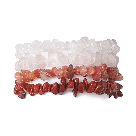 4Pcs Natural Quartz Crystal & Rose Quartz & Red Jasper & Red Agate Chip Beaded Stretch Bracelet Sets BJEW-JB10775-02-1