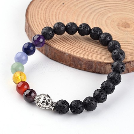 Buddha Head Natural Lava Rock Beaded Chakra Stretch Bracelets BJEW-JB02226-01-1