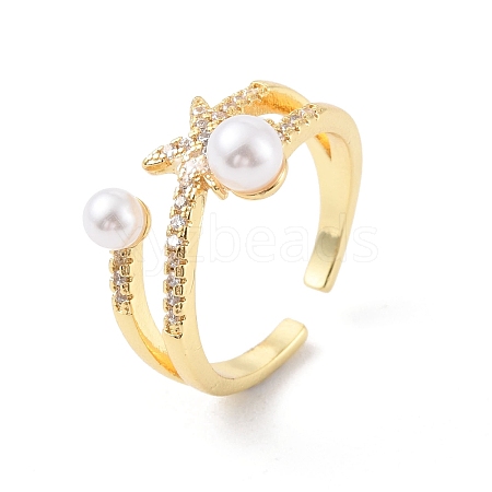 Clear Cubic Zirconia Star Open Cuff Ring with Plastic Pearl Beaded RJEW-C058-01G-1