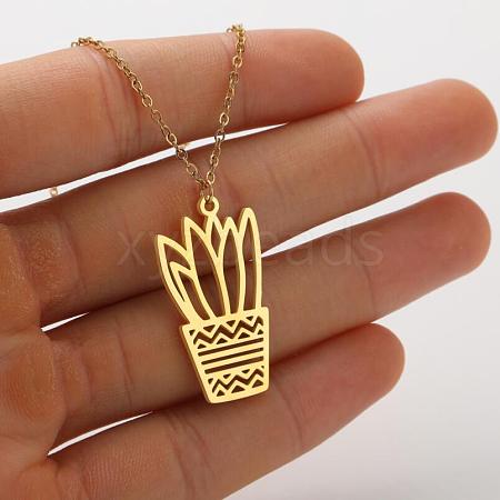 304 Stainless Steel Cutout Potted Plant Pendant Necklaces for Women WGA529A-09-1
