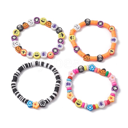 4Pcs 4 Styles Halloween Theme Flower Polymer Clay Beaded Stretch Bracelet Sets BJEW-JB10828-1