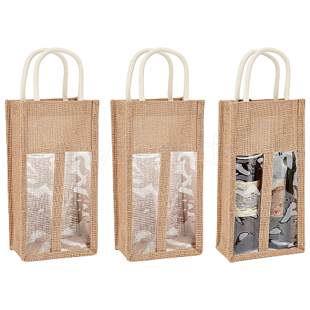 Jute Wine Storage Drawstring Pouches with PVC Clear Window ABAG-WH0035-052B-1