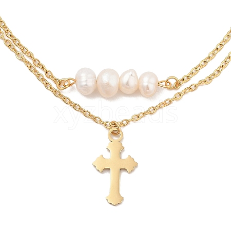 304 Stainless Steel & Plastic Imitaiton Pearl Double Layer Cross Charm Anklets for Women AJEW-A059-01G-01-1