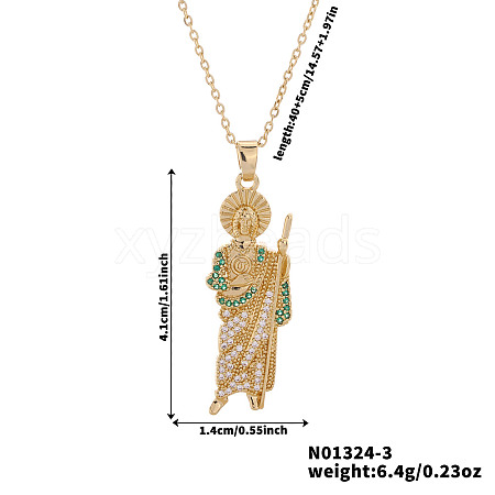 Shiny Brass Clear & Teal Cubic Zirconia Religion Saint Jude Pendant Necklaces for Christmas and Birthday Parties PX0651-3-1