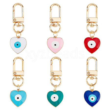 DICOSMETIC 6Pcs 6 Colors Heart with Evil Eye Alloy Enamel Pendant Decoration KEYC-DC0001-27-1