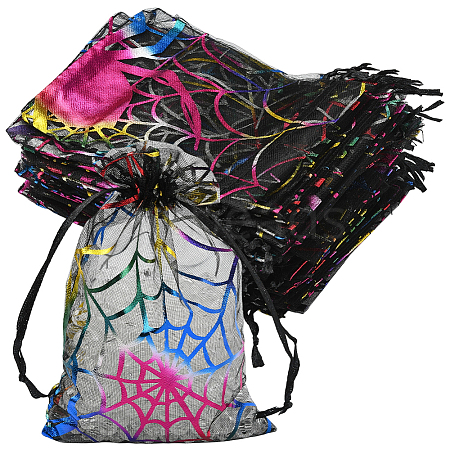 Halloween Theme Spider Printed Organza Drawstring Bags ABAG-WH20021-006F-1