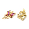 Brass Pave Medium Violet Red & Clear Cubic Zirconia Connector Charms KK-P273-09G-2