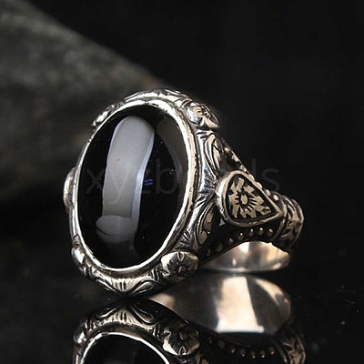 Oval Natural Dyed & Heated Black Agate Finger Rings PW-WG03CB0-02-1