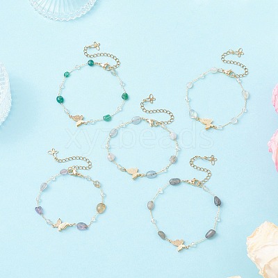 5Pcs 5 Styles Handmade Glass & Opalite & Natural Morganite & Dyed Green Agate & Labradorite & Amethyst Nuggets Beads Necklaces BJEW-JB12461-1
