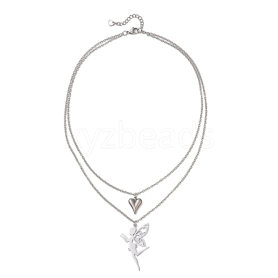 Stainless Steel Fairy and Heart Pendant 304 Stainless Steel Cable Chain Double Layer Necklaces for Women NJEW-JN05810-02-1
