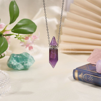 1Pc Natural Amethyst Faceted Pointed Bullet Shaped Perfume Bottle Pendant Necklaces NJEW-FH0001-38P-01-1