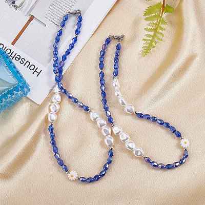 3Pcs Natural Shell & Plastic Pearl Flower & Glass Beaded Necklaces and Stretch Bracelet Set SJEW-SW00010-03-1