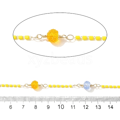 Brass Hexagonal Column Glass Seaded Beaded & Resin Round Beaded Link Chains CHC-G026-01H-1