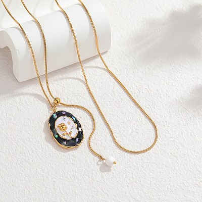 304 Stainless Steel Enamel Rose Flower Black Oval Pendant Round Snake Chain Lariat Necklaces for Women NJEW-A073-01G-1