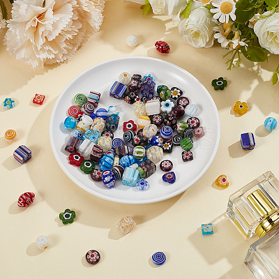 100Pcs 10 Styles Handmade Millefiori Lampwork Beads LAMP-PA0001-80-1