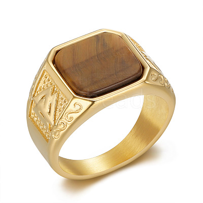 304 Stainless Steel with Natural Tiger Eye Finger Rings FS-WG06E27-04-1