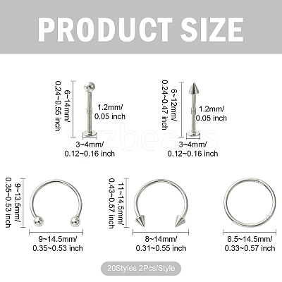 40Pcs 20 Styles 316L Surgical Stainless Steel & 316 Surgical Stainless Steel Hoop Nose Rings & Labrets AJEW-CJ0001-73-1