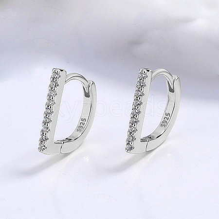 Anti-Tarnish D Shaped Rhodium Plated 925 Sterling Silver Pave Clear Cubic Zirconia Hoop Earrings for Women TH0166-1-1