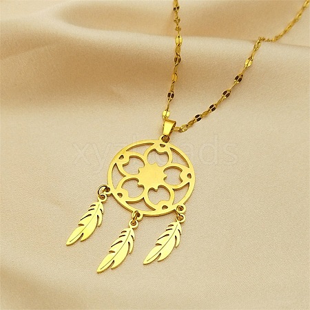 Woven Net/Web with Feather 304 Stainless Steel Boho Pendant Necklaces for Women NJEW-G087-04G-1