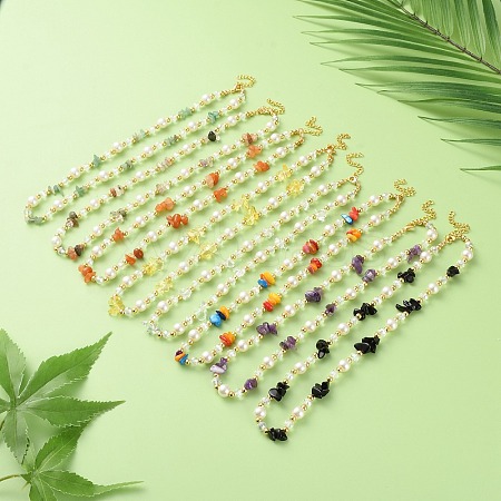 Mixed Gemstone/Glass/Shell Chip & Imitation Pearl & Brass Beaded Necklaces for Women NJEW-S107-01A-1