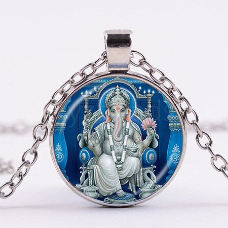 Ganesha Glass Pendant Necklace with Alloy Cable Chains PW-WG15323-01-1