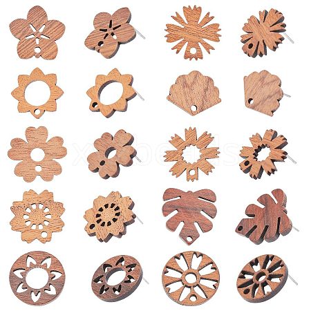 Beebeecraft 20Pcs 10 Styles Walnut Wood Stud Earring Findings FIND-BBC0001-46-1