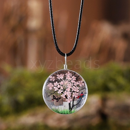 Flat Round Glass with Dried Flower Tree Inner Pendant Black Waxed Cord Necklaces FS-WG87A6D-15-1