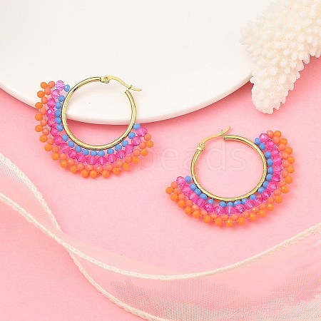 304 Stainless Steel & Bohemian Beaded Fan Hoop Earrings for Women EJEW-R001-01G-05-1