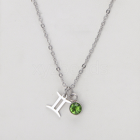 304 Stainless Steel Peridot Rhinestone Birth Stone Constellation Pendant Necklaces FS-WG76580-20-1