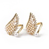 Clear Cubic Zirconia Wing Open Cuff Ring with Plastic Pearl Beaded RJEW-F139-01G-4