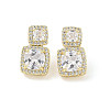 Square Brass Pave Clear Cubic Zirconia Stud Earrings with Glass for Women EJEW-L285-003G-1