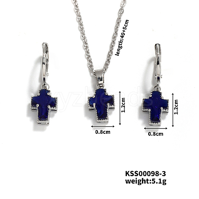 Elegant Cross Brass Rhinestones Necklace & Hoop Earrings Set for Women XB3228-2-1