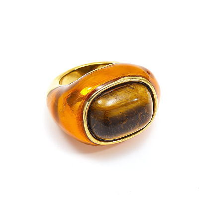Oval 304 Stainless Steel with Natural Tiger Eye Finger Rings FS-WGC5475-02-1