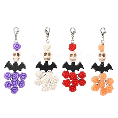Halloween Synthetic Turquoise Skull & Wood Bat & Resin Rose Pendant Decorations HJEW-JM05046-1
