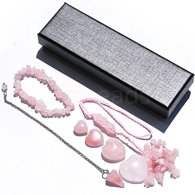 Natural Rose Quartz Dowsing Pendulum Cone Big Pendants & Heart Massage Stone & Bracelet & Pendant Decoration Sets PW-WG73208-01-1