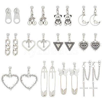 12 Pairs 12 Styles Cherry & Triangle & Eye & Bear & Zipper Buckle Alloy Dangle Stud Earrings for Women EJEW-AN0003-10-1
