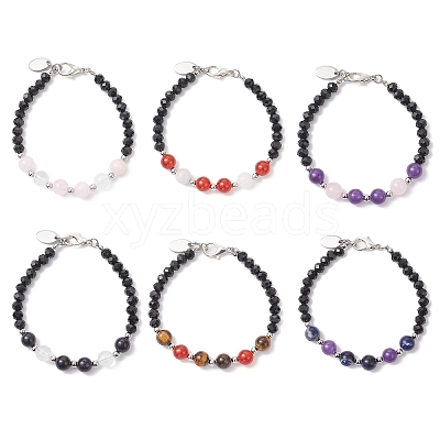 6Pcs 6 Colors Natural & Synthetic Gemstone & Glass Round Beaded Bracelets for Women BJEW-JB12210-1