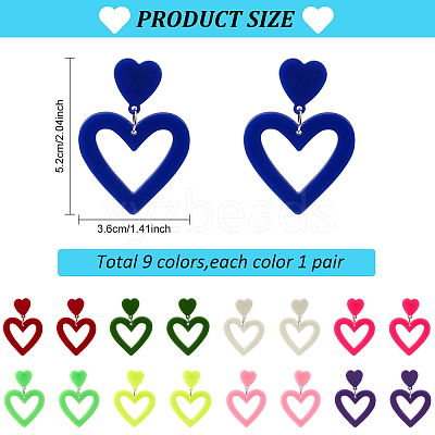 9 Pairs 9 Style Hollow Heart Acrylic Dangle Stud Earrings for Woman EJEW-AN0004-09-1