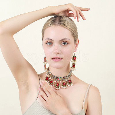 Rectangle Alloy Glass Choker Necklace & Earrings Sets for Women FS-WG507E8-07-1