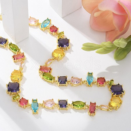 Brass Micro Pave Colorful Cubic Zirconia Link Chain Necklaces NJEW-M089-01G-1