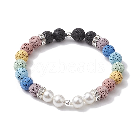 8mm Round 7-Color Natural Lava Rock & Shell Pearl Beaded Stretch Bracelets for Women Men BJEW-JB10330-01-1