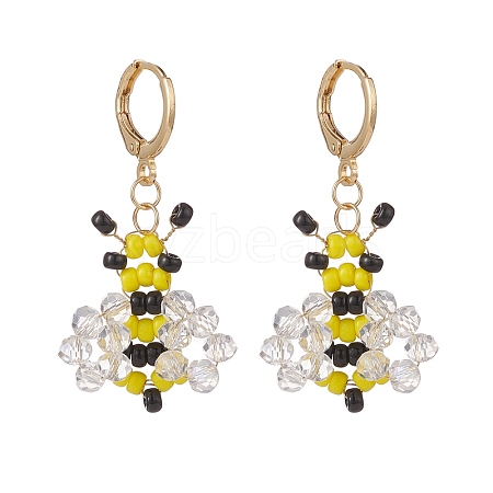 Glass Braided Bees Dangle Leverback Earrings EJEW-TA00126-1