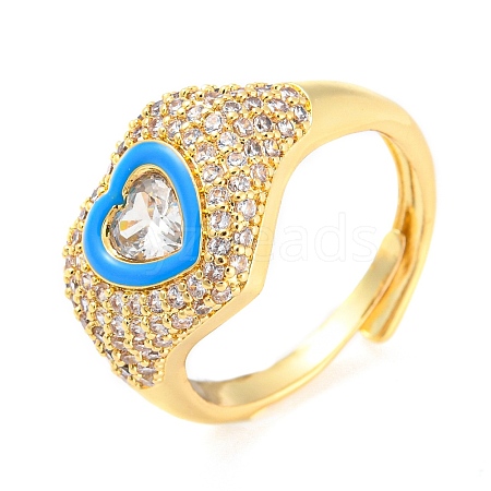 Enamel Heart Adjustable Ring with Clear Cubic Zirconia RJEW-Q781-01G-02-1