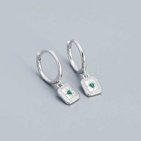 Anti-Tarnish Square with Star Rhodium Plated 925 Sterling Silver Pave Green Cubic Zirconia Hoop Dangle Earrings for Women FL1156-6-1